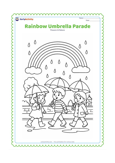 Colouring page: Draw three children walking along a rainy street with different plain umbrellas while a rainbow appears above them. Include puddles, a tree, a low wall and a distant Indian-style home.