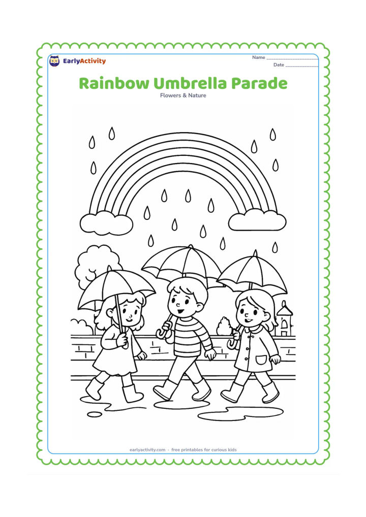 Colouring page: Draw three children walking along a rainy street with different plain umbrellas while a rainbow appears above them. Include puddles, a tree, a low wall and a distant Indian-style home.