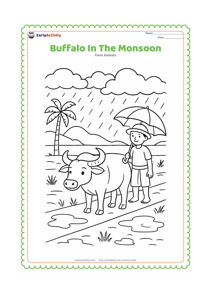 Colouring page: Draw a buffalo standing beside a flooded field during monsoon weather, with a farmer holding an umbrella on a raised path. Add palm trees, puddles and layered rain clouds.