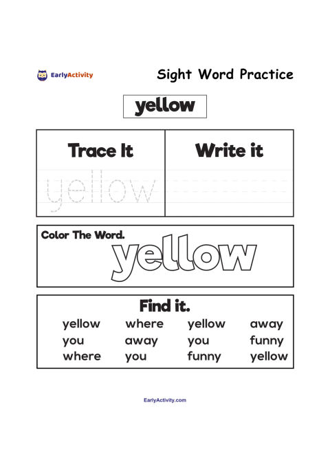 Worksheet practising the sight word “yellow” with tracing, writing, colouring and word-finding activities.