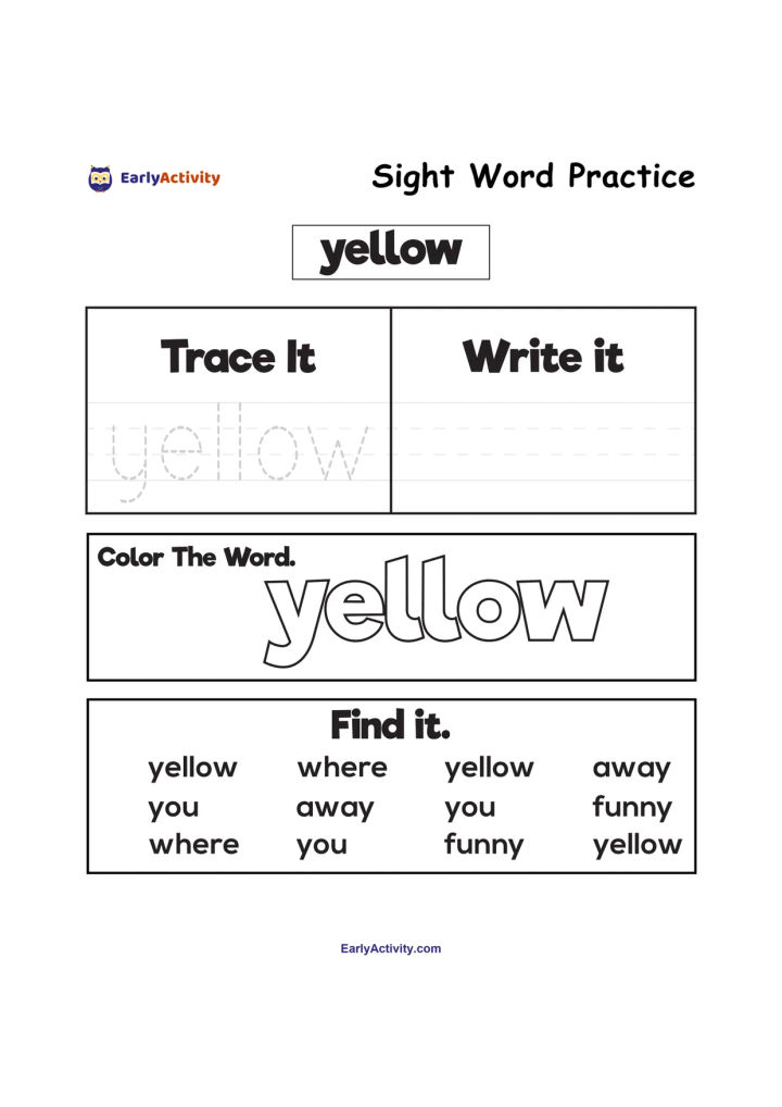 Worksheet practising the sight word “yellow” with tracing, writing, colouring and word-finding activities.