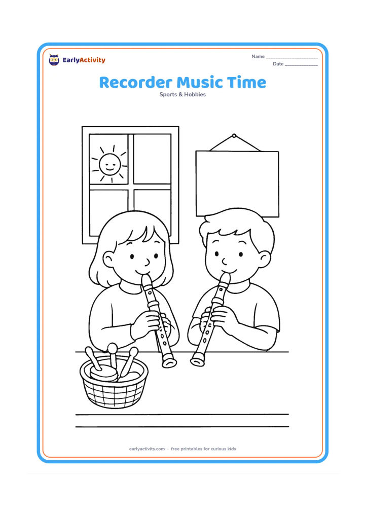 Colouring page: Two children sit at a classroom table playing recorders together. Add a window with sunshine, a basket of simple percussion instruments and a blank wall chart with no marks.