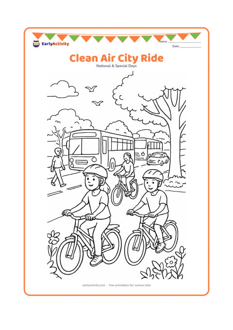 Colouring page: Draw children and adults riding bicycles along a tree-lined Indian city street while buses and cars remain in the background. Include flowering plants, a pedestrian, birds, open sky and…