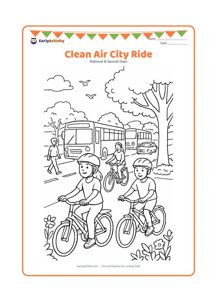 Colouring page: Draw children and adults riding bicycles along a tree-lined Indian city street while buses and cars remain in the background. Include flowering plants, a pedestrian, birds, open sky and…