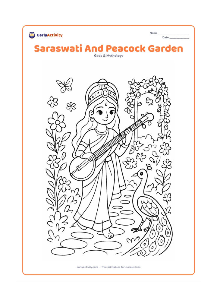 Colouring page: Saraswati walks through a garden with a peacock following her, carrying a veena in one hand. Include flowering plants, a stone path, a small trellis, and butterflies without letters or…