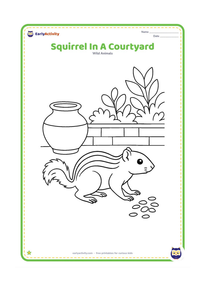 Colouring page: Draw an Indian palm squirrel crossing a quiet courtyard beside a clay pot, a low wall, leafy plants, and a small pile of seeds. Show its pale back stripes.