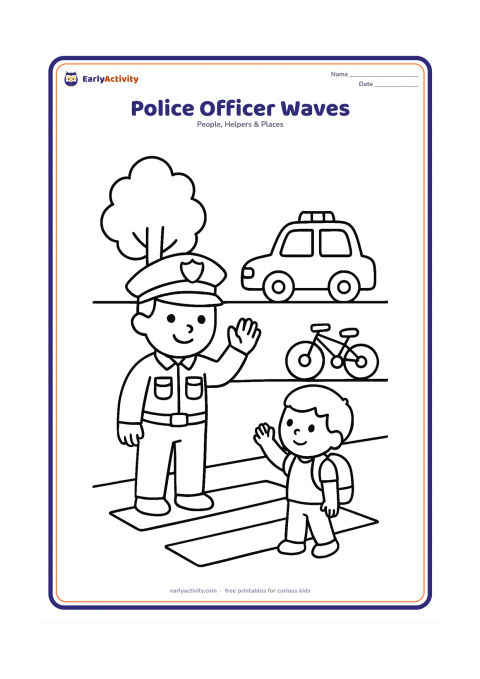 Colouring page: A smiling police officer stands beside a quiet neighbourhood road and waves to a child wearing a backpack. Include a bicycle, a tree, a zebra crossing with no markings or words, and a…