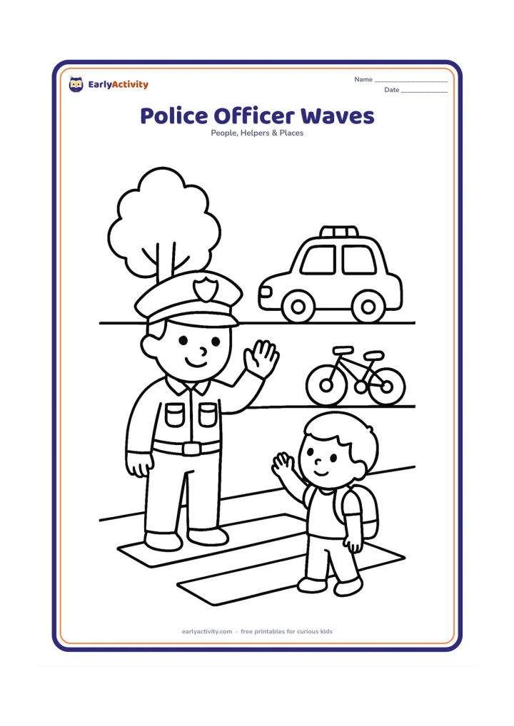 Colouring page: A smiling police officer stands beside a quiet neighbourhood road and waves to a child wearing a backpack. Include a bicycle, a tree, a zebra crossing with no markings or words, and a…