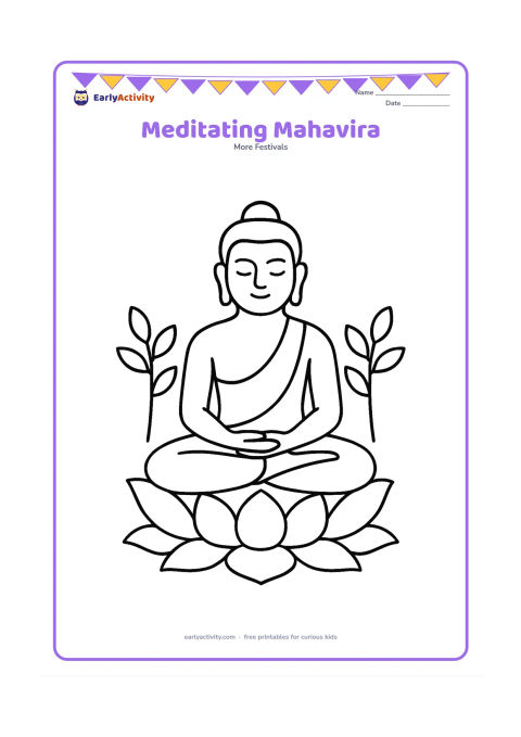 Colouring page: Draw a calm seated figure of Lord Mahavira in meditation with hands resting in his lap, a large lotus beneath him and two simple leafy plants on either side.