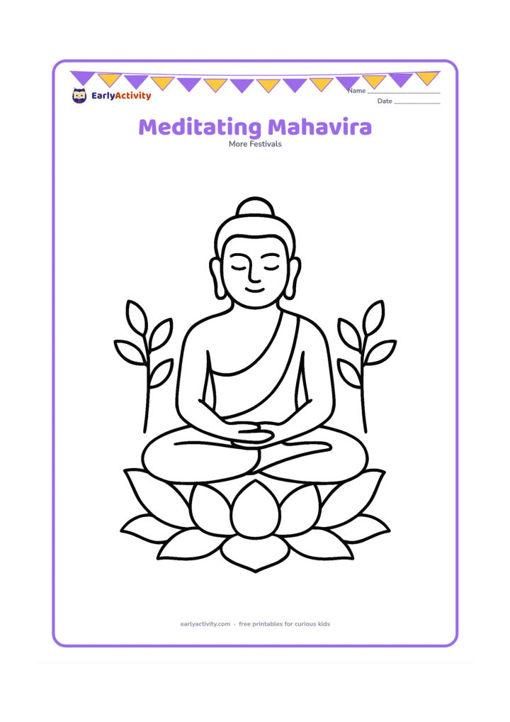 Colouring page: Draw a calm seated figure of Lord Mahavira in meditation with hands resting in his lap, a large lotus beneath him and two simple leafy plants on either side.