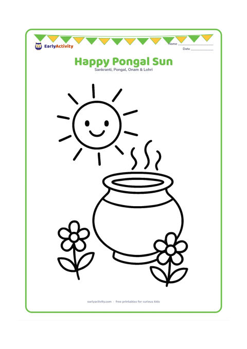 Colouring page: A friendly round Sun shines above a large Pongal pot with simple steam curls, two flowers, and a few broad rays. Keep the composition uncluttered and cheerful.