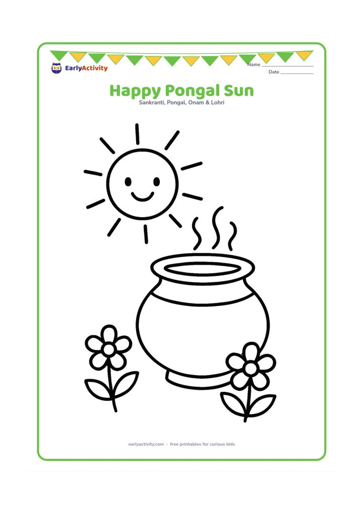 Colouring page: A friendly round Sun shines above a large Pongal pot with simple steam curls, two flowers, and a few broad rays. Keep the composition uncluttered and cheerful.
