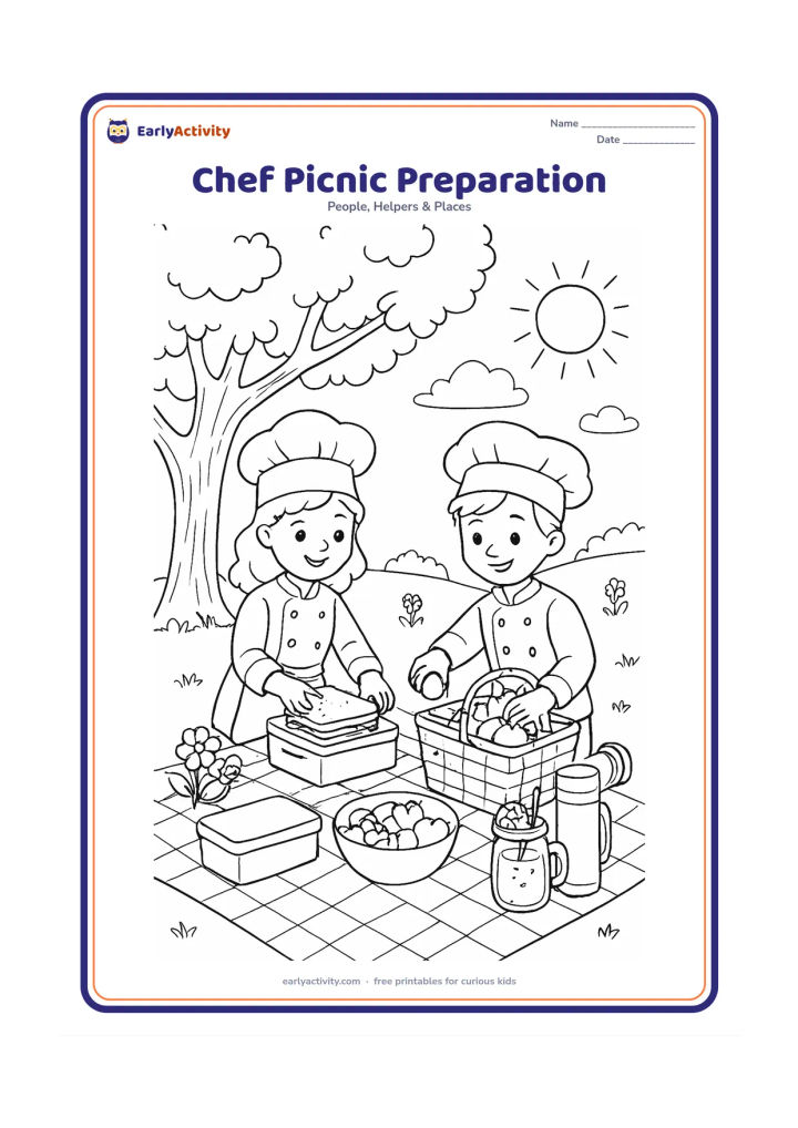 Colouring page: Two older child chefs prepare a picnic meal outdoors under a tree, arranging sandwiches, fruit, and lemonade in baskets. Include a checked blanket, reusable containers, a thermos with no…