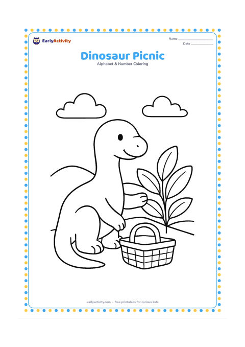 Colouring page: A friendly plant-eating dinosaur sits beside a picnic basket and reaches toward a large leafy plant. Place two clouds and a simple hill behind it.