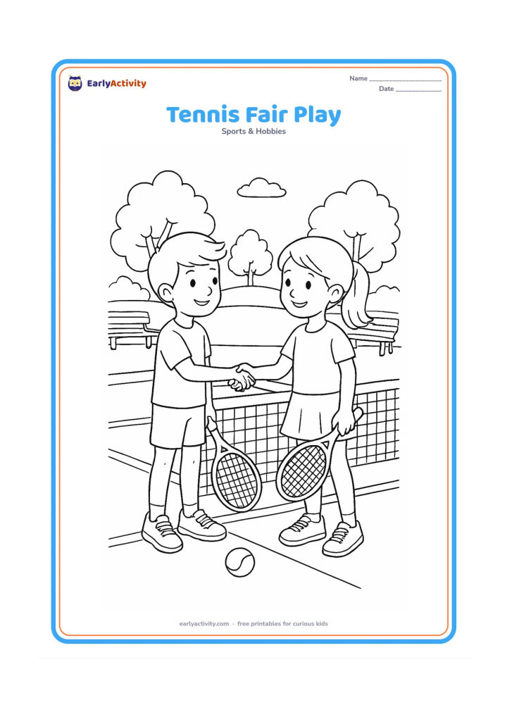 Colouring page: Two opposing players meet at the net to shake hands after a match, with their rackets, a loose ball, court lines, net posts, benches, and a calm park setting around them.