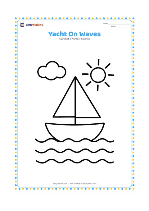 Colouring page: Draw a small yacht floating on three gentle waves beneath a simple cloud and sun.
