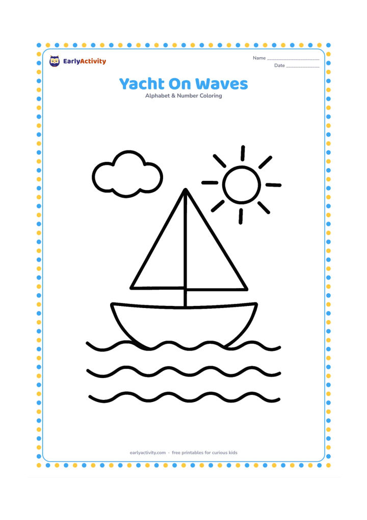 Colouring page: Draw a small yacht floating on three gentle waves beneath a simple cloud and sun.