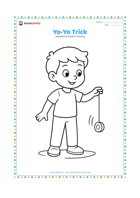 Colouring page: Draw a child standing with one arm extended while a yo-yo drops toward the ground on its string. Add a small floor shadow and two motion curves.