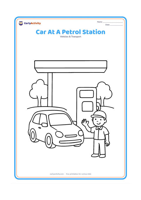 Colouring page: Draw a car parked beside a fuel pump under a simple canopy, with a small attendant waving nearby and two background trees. Keep the pump display and canopy signs blank.