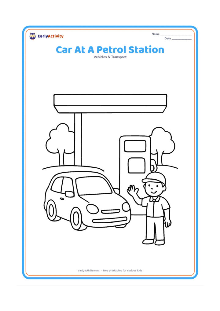 Colouring page: Draw a car parked beside a fuel pump under a simple canopy, with a small attendant waving nearby and two background trees. Keep the pump display and canopy signs blank.