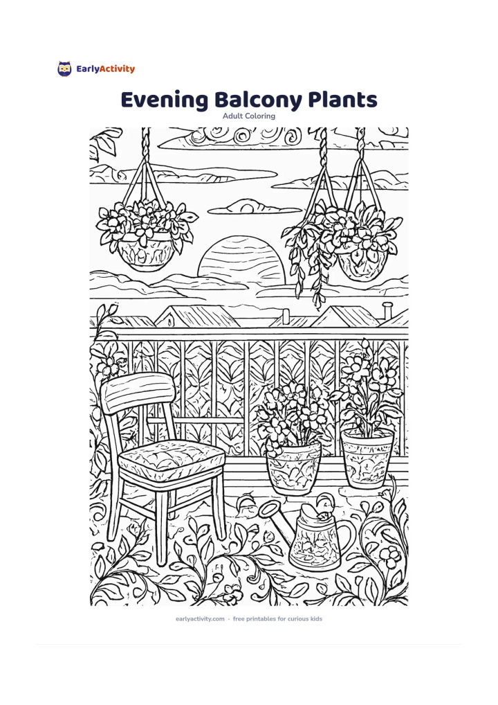 Colouring page: A balcony at sunset is filled with hanging planters, flowering pots, a small chair, a watering can and curling vines, with rooftops and a calm sky beyond. Create pattern-ready areas in…