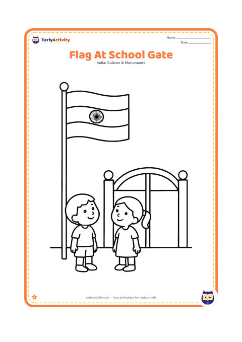 Colouring page: Draw an Indian flag on a pole beside a simple school gate, with two children standing nearby and looking toward it. The gate must have no lettering or symbols.