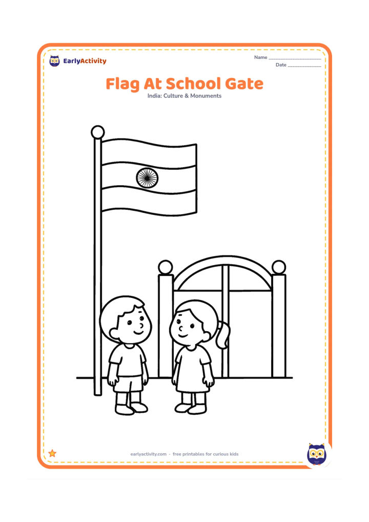 Colouring page: Draw an Indian flag on a pole beside a simple school gate, with two children standing nearby and looking toward it. The gate must have no lettering or symbols.