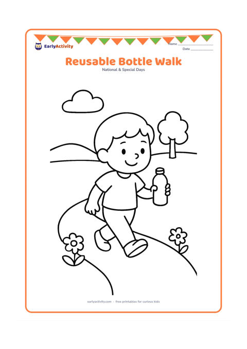 Colouring page: Draw a child walking on a clean path while holding a plain reusable bottle, with a small tree, two flowers and a distant hill. Show the child smiling and looking toward the path.