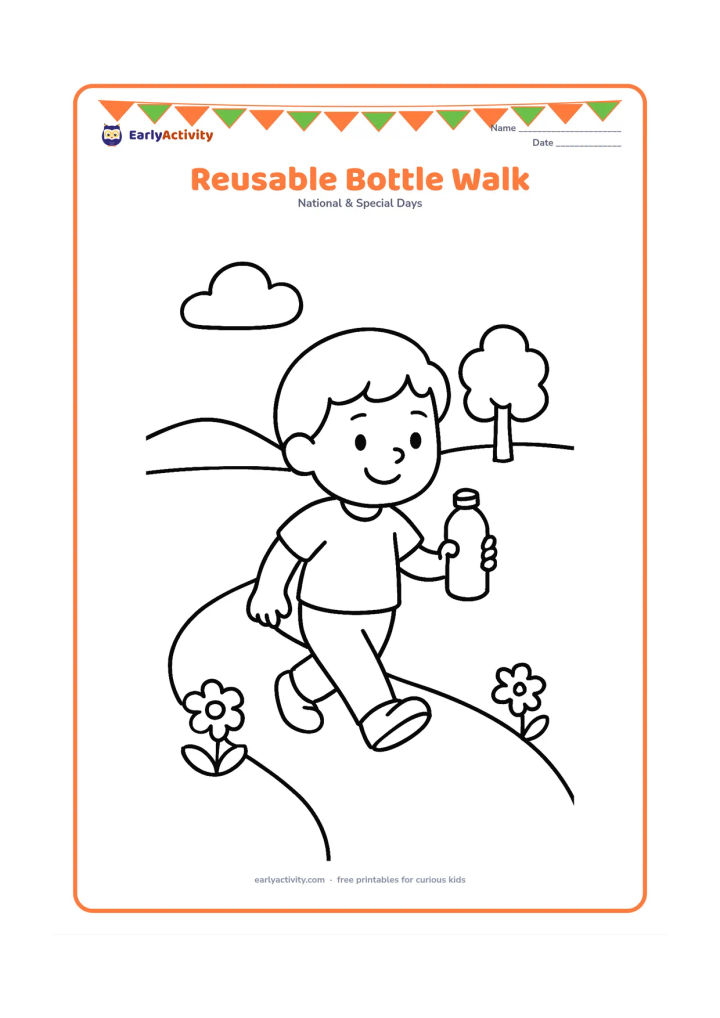 Colouring page: Draw a child walking on a clean path while holding a plain reusable bottle, with a small tree, two flowers and a distant hill. Show the child smiling and looking toward the path.