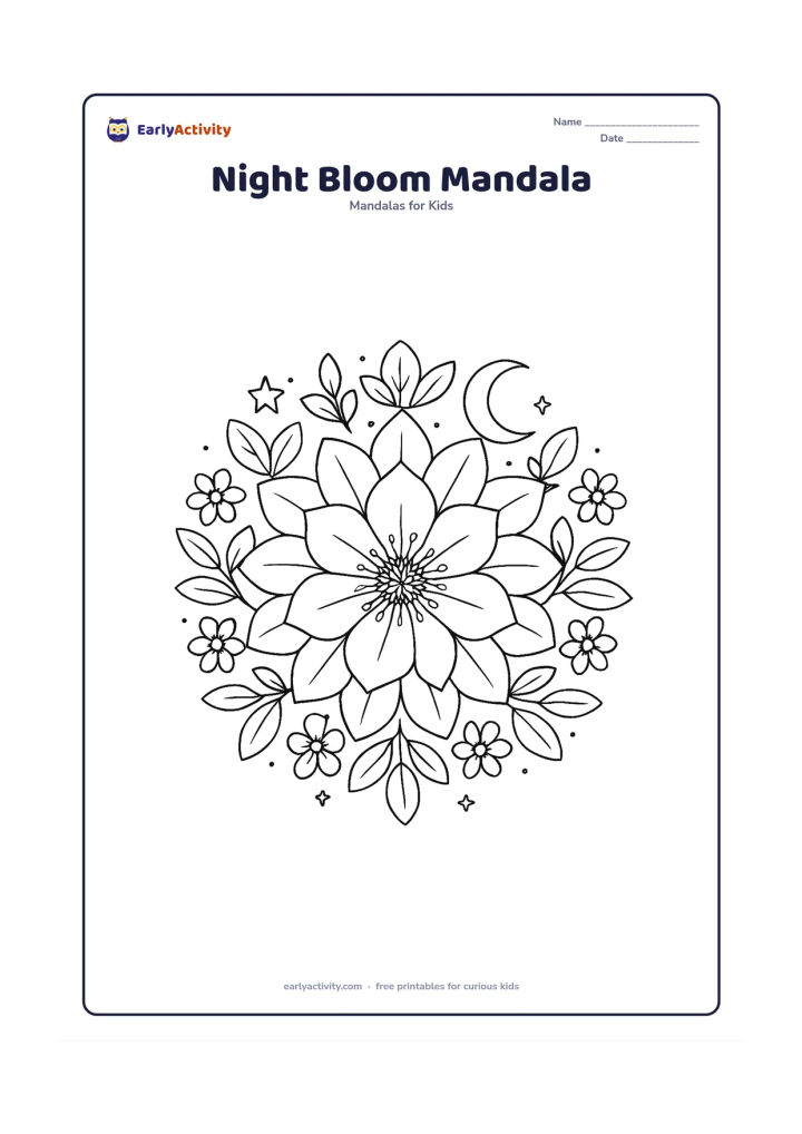 Colouring page: A detailed evening-themed flower mandala with a large night-blooming flower at the centre, rings of petals and leaves, small stars and a crescent moon placed evenly among the outer…