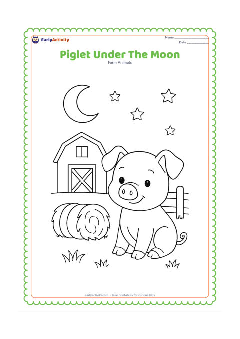 Colouring page: A piglet sits outside a small barn at night beneath a crescent moon and scattered stars. Add a hay bale, a fence and a few nighttime grass shapes.
