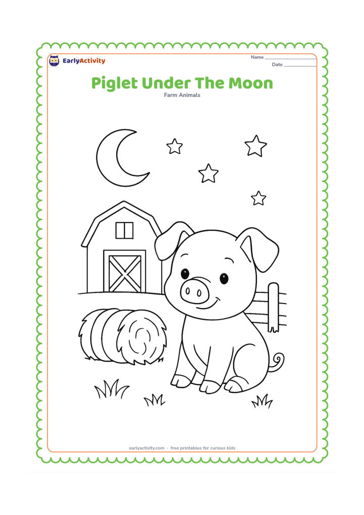 Colouring page: A piglet sits outside a small barn at night beneath a crescent moon and scattered stars. Add a hay bale, a fence and a few nighttime grass shapes.