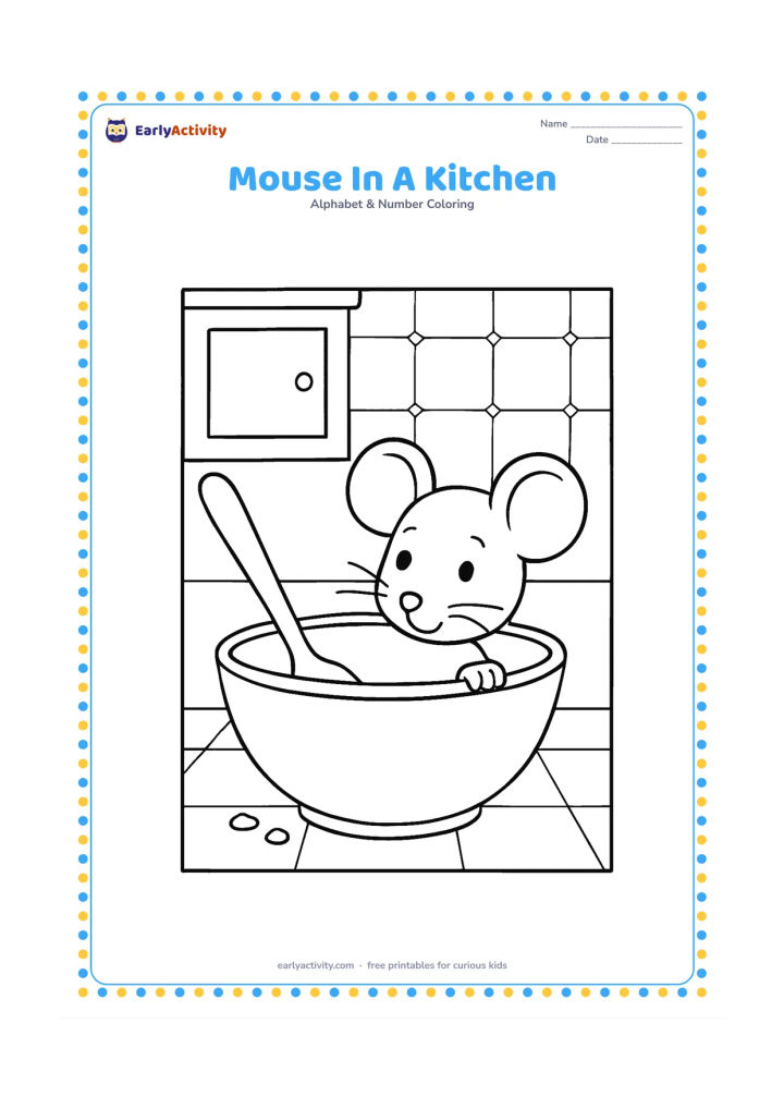 Colouring page: Draw a curious mouse peeking from behind a kitchen bowl, with a wooden spoon, a small cupboard and a tiled floor in the background. Include a few crumbs near the bowl.