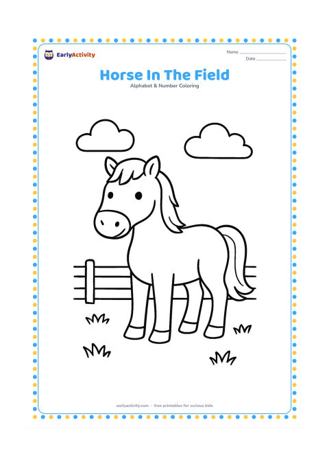 Colouring page: A calm horse stands facing forward in a grassy field, with two rounded clouds and a low fence behind it. Show the horse's mane, tail, legs, and hooves with large uncluttered shapes.