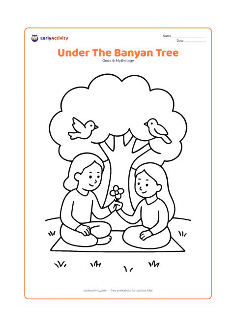 Colouring page: Ram and Sita sit beneath a wide banyan tree while sharing a flower, with a small mat, two birds, and a simple forest floor.