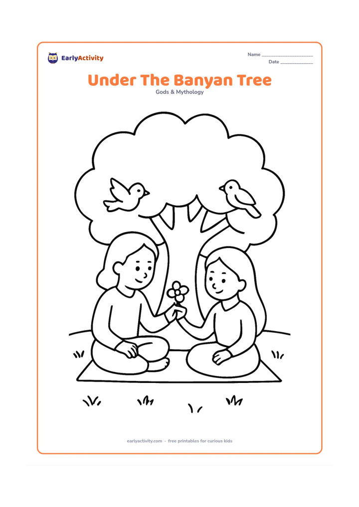 Colouring page: Ram and Sita sit beneath a wide banyan tree while sharing a flower, with a small mat, two birds, and a simple forest floor.