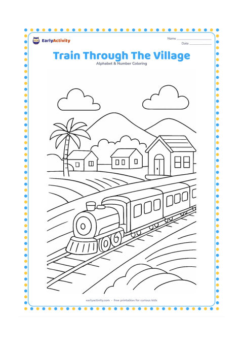 Colouring page: Draw a passenger train moving along tracks past a small village, with a station building, palm tree, fields, and distant hills. Show several carriages with blank windows and no signs.