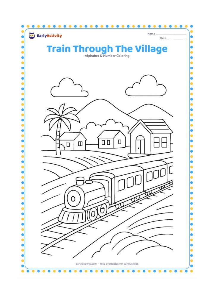 Colouring page: Draw a passenger train moving along tracks past a small village, with a station building, palm tree, fields, and distant hills. Show several carriages with blank windows and no signs.