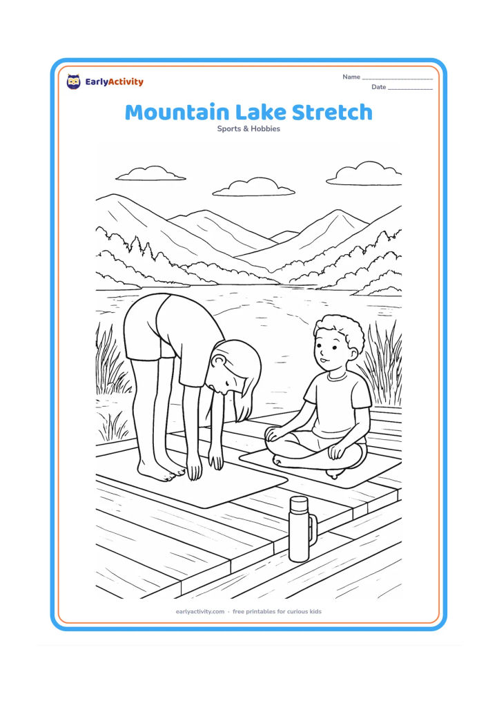 Colouring page: A child performs a gentle standing forward stretch on a lakeside platform while another child sits quietly nearby. Show layered mountains, a lake reflection, reeds, a wooden dock, a…