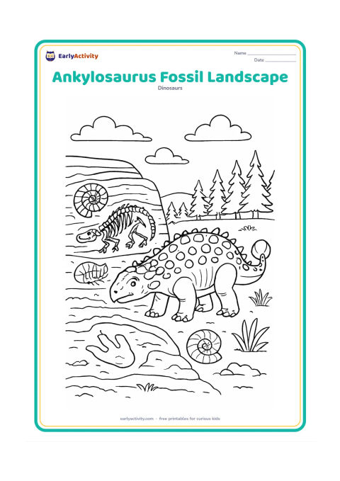 Colouring page: An Ankylosaurus stands beside an exposed fossil-rich rock layer, with several blank fossil shapes in the ground, a footprint trail, plants and a distant conifer forest. The living…