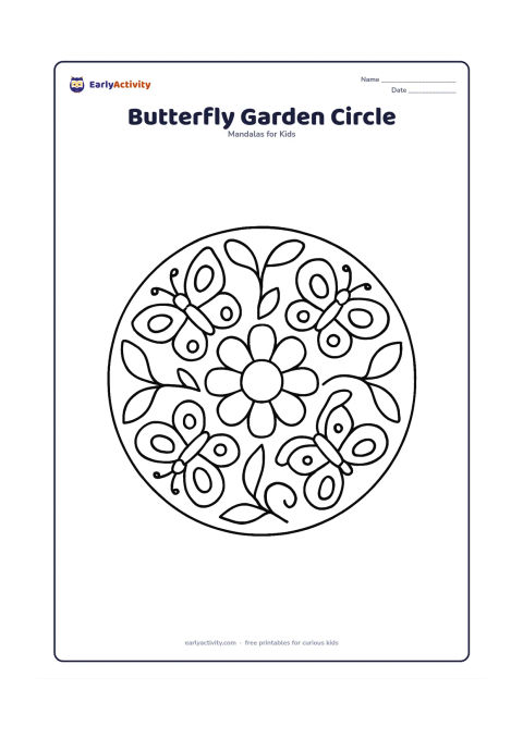 Colouring page: A round mandala with four simple butterflies facing outward around a large flower centre, with broad leaves and curved vines between them. Give each butterfly a clear symmetrical wing…