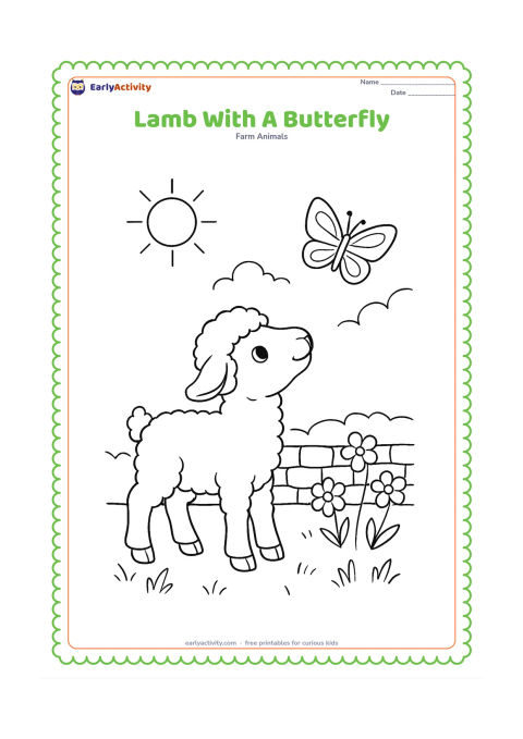 Colouring page: A lamb looks up at a butterfly above a grassy patch, with flowers, a low stone wall and a sunny sky behind it. The butterfly must have plain patterned wings with no markings or letters.