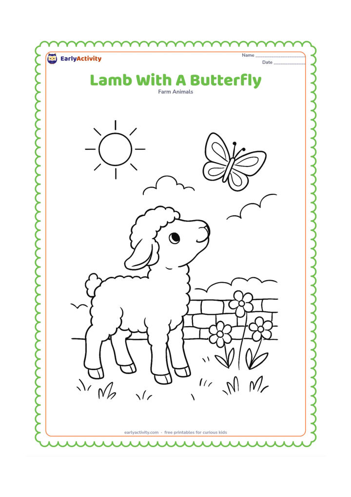 Colouring page: A lamb looks up at a butterfly above a grassy patch, with flowers, a low stone wall and a sunny sky behind it. The butterfly must have plain patterned wings with no markings or letters.