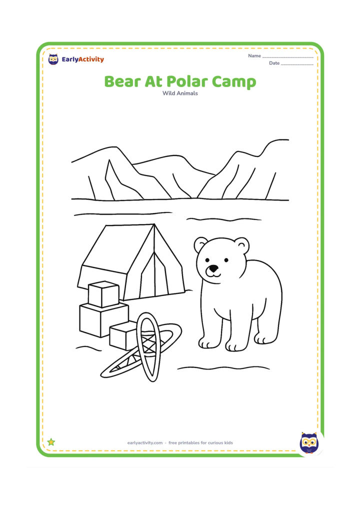 Colouring page: A polar bear stands near a small Arctic research tent, a stack of plain supply boxes and a pair of snowshoes, with ice ridges in the background.