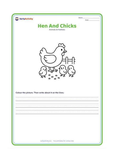 Worksheet: Draw a hen standing beside three round chicks in a simple farmyard, with a few grains on the ground and a low fence. Show the parent and babies clearly together.