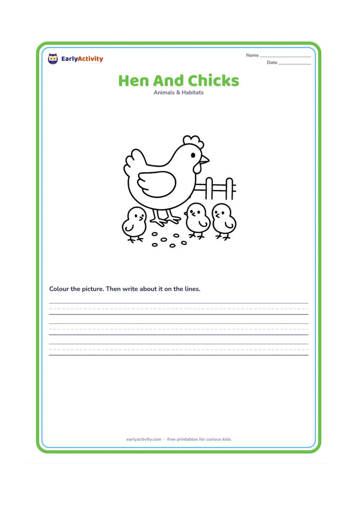 Worksheet: Draw a hen standing beside three round chicks in a simple farmyard, with a few grains on the ground and a low fence. Show the parent and babies clearly together.