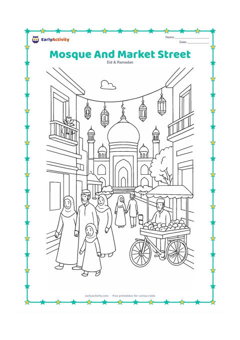 Colouring page: A festive neighbourhood street leads toward a mosque, with families walking to prayer, a fruit seller, balconies, bicycles, hanging lanterns and trees. Show an Indian town setting at…