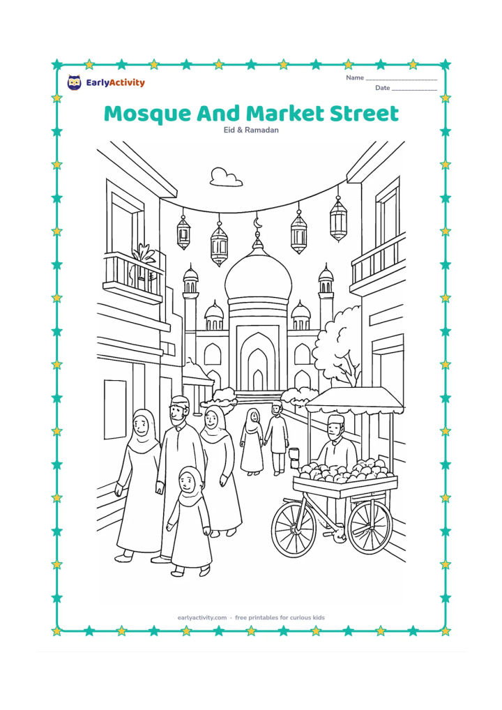 Colouring page: A festive neighbourhood street leads toward a mosque, with families walking to prayer, a fruit seller, balconies, bicycles, hanging lanterns and trees. Show an Indian town setting at…