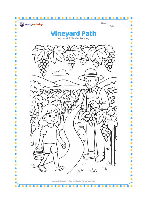 Colouring page: Draw a winding path between rows of grapevines, with a child carrying a small basket and a farmer checking a vine. Add a distant hill, a water pot, and broad leaves with hanging grape…