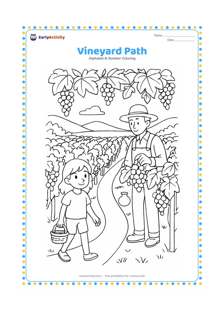Colouring page: Draw a winding path between rows of grapevines, with a child carrying a small basket and a farmer checking a vine. Add a distant hill, a water pot, and broad leaves with hanging grape…